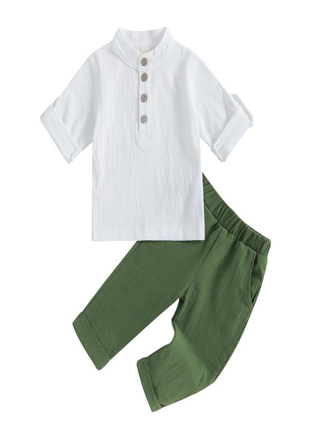 Karuedoo Toddler Baby Boy Clothes Cotton Linen Henley Shirts Button Down Long Sleeve Shirts Casual Pants Set (A-White Green, 18-24 Months) - Image 1
